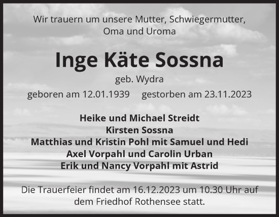 Traueranzeige von Inge Käte Sossna von Volksstimme Magdeburg