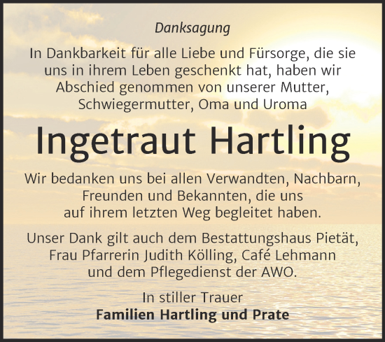 Traueranzeige von Ingetraut Hartling von Trauerkombi Wittenberg