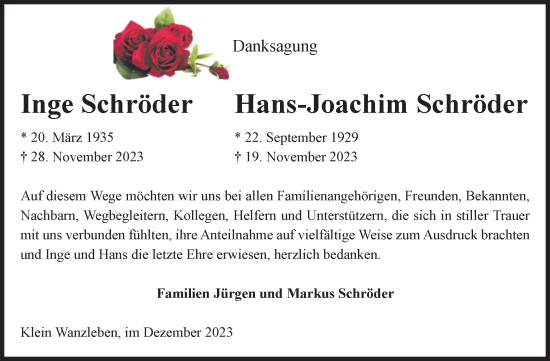 Traueranzeige von Inge und Hans-Joachim Schröder von Volksstimme Oschersleben/Wanzleben