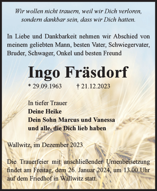 Traueranzeige von Ingo Fräsdorf von Volksstimme Burg/Genthin
