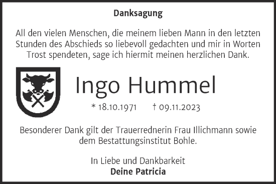 Traueranzeige von Ingo Hummel von Trauerkombi Merseburg