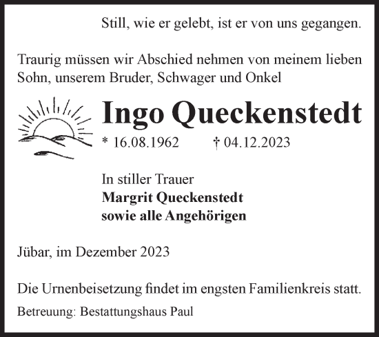 Traueranzeige von Ingo Queckenstedt von Volksstimme Altmark West