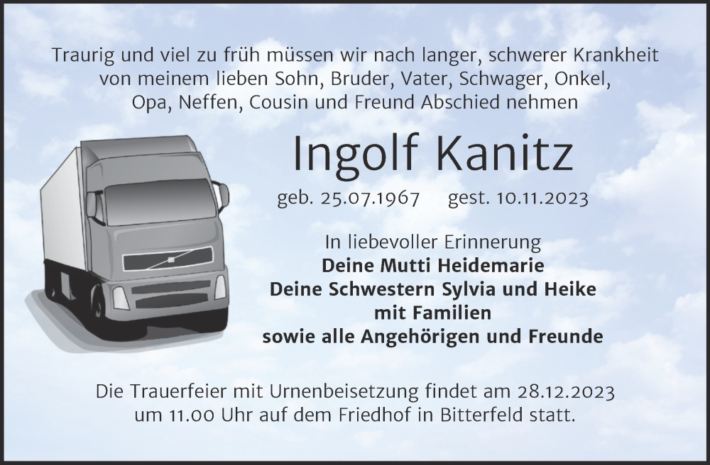  Traueranzeige für Ingolf Kanitz vom 16.12.2023 aus Trauerkombi Bitterfeld
