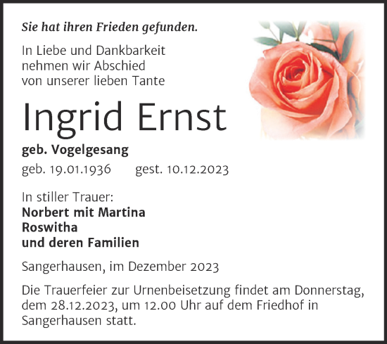Traueranzeige von Ingrid Ernst von Trauerkombi Sangerhausen