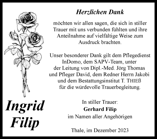 Traueranzeige von Ingrid Filip von Trauerkombi Quedlinburg