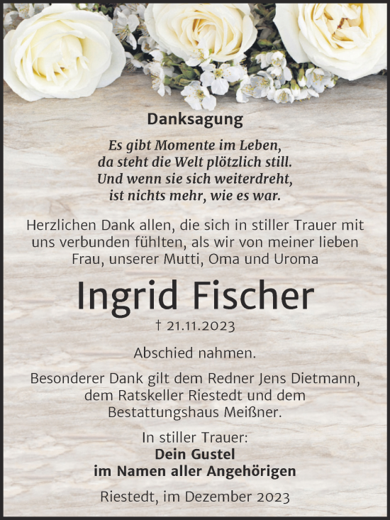Traueranzeige von Ingrid Fischer von Trauerkombi Sangerhausen
