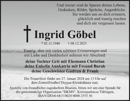 Traueranzeige von Ingrid Göbel von Super Sonntag Dessau-Roßlau