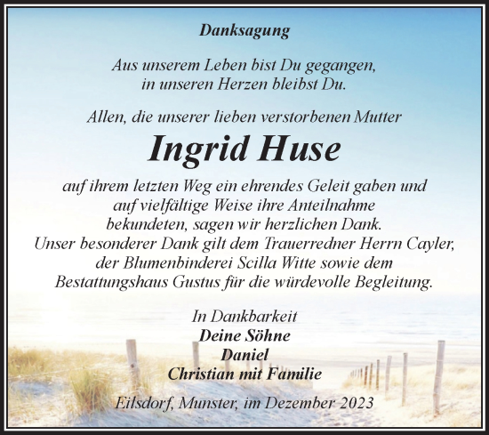 Traueranzeige von Ingrid Huse von Volksstimme Halberstadt