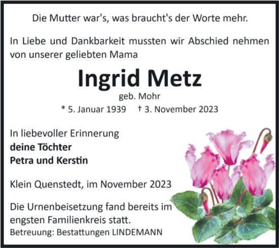Traueranzeige von Ingrid Metz von Volksstimme Halberstadt
