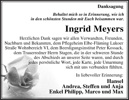 Traueranzeige von Ingrid Meyers von Trauerkombi Wittenberg