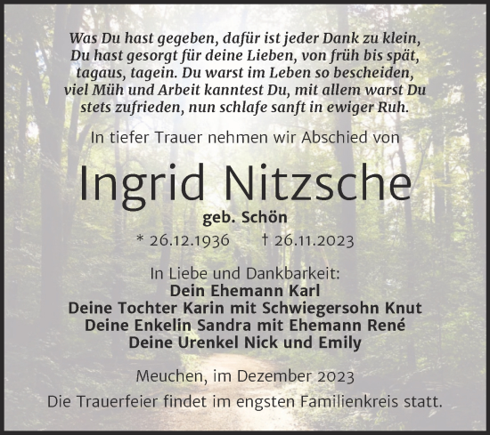 Traueranzeige von Ingrid Nitzsche von Trauerkombi Weißenfels