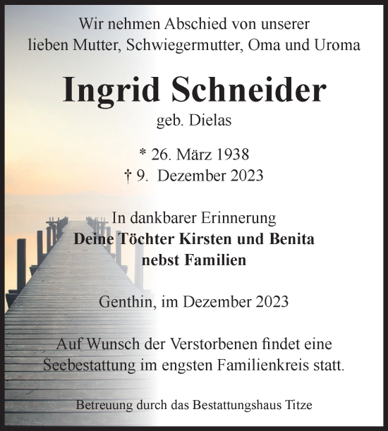 Traueranzeige von Ingrid Schneider von Volksstimme Burg/Genthin
