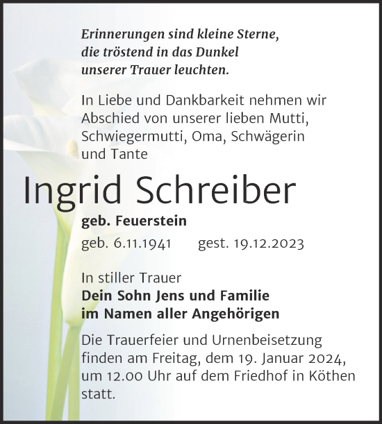 Traueranzeige von Ingrid Schreiber von Trauerkombi Köthen