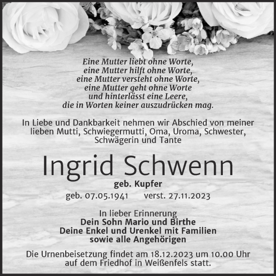 Traueranzeige von Ingrid Schwenn von Trauerkombi Weißenfels