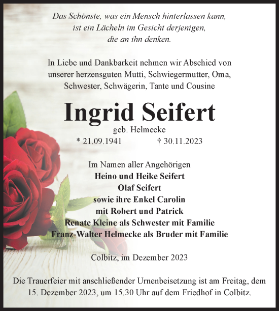Traueranzeige von Ingrid Seifert von Volksstimme Haldensleben/Wolmirstedt