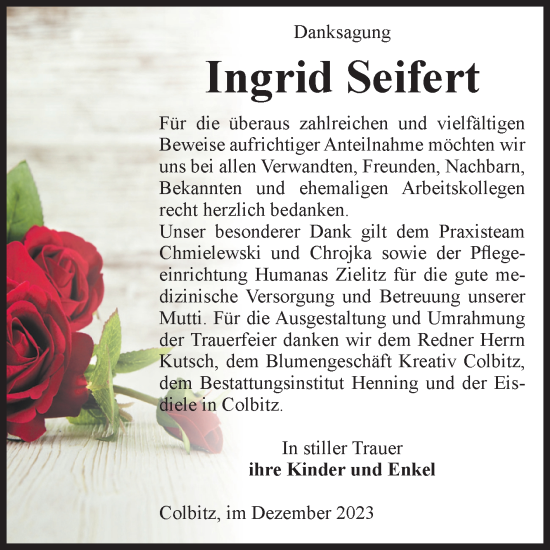 Traueranzeige von Ingrid Seifert von Volksstimme Haldensleben/Wolmirstedt