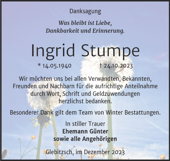 Traueranzeige von Ingrid Stumpe von Trauerkombi Bitterfeld