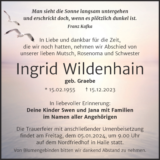 Traueranzeige von Ingrid Wildenhain von Mitteldeutsche Zeitung Halle/Saalkreis