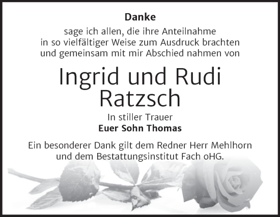 Traueranzeige von Ingrid und Rudi Ratzsch von Trauerkombi Merseburg