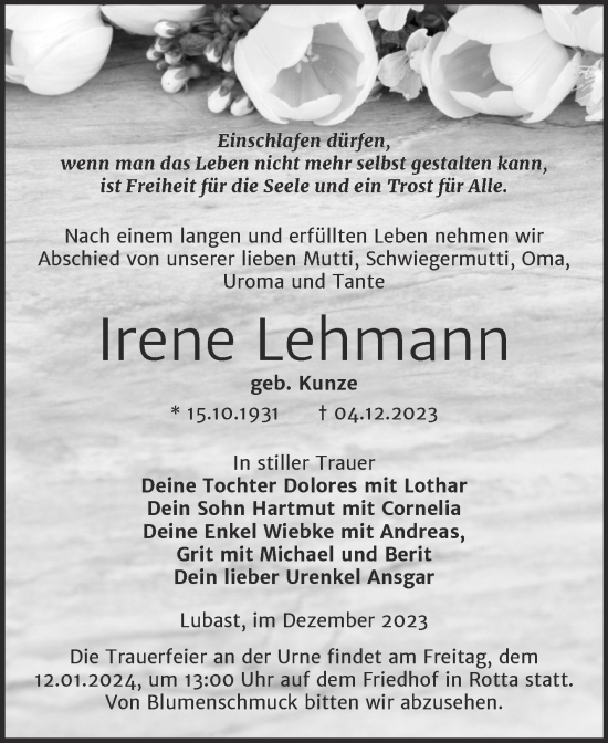 Traueranzeige von Irene Lehmann von Trauerkombi Wittenberg