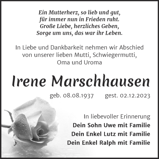 Traueranzeige von Irene Marschhausen von Trauerkombi Weißenfels