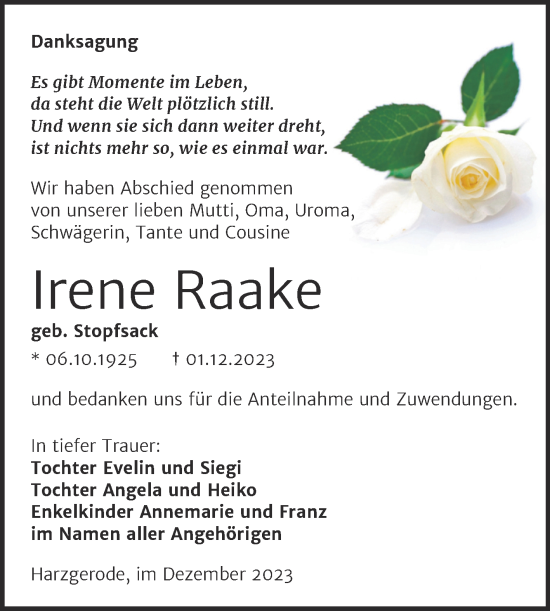 Traueranzeige von Irene Raake von Trauerkombi Quedlinburg