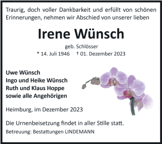 Traueranzeige von Irene Wünsch von Volksstimme Wernigerode