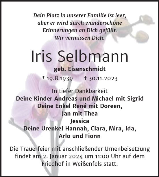 Traueranzeige von Iris Selbmann von Trauerkombi Weißenfels
