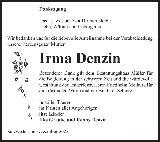 Traueranzeige von Irma Denzin von Volksstimme Altmark West