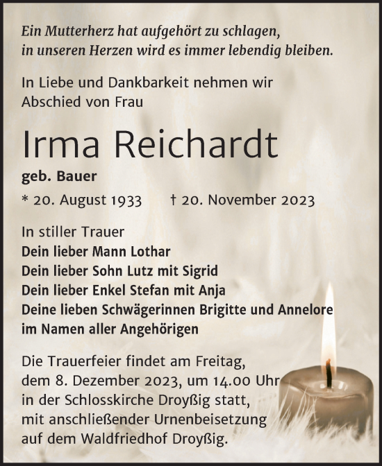 Traueranzeige von Irma Reichardt von Trauerkombi Zeitz