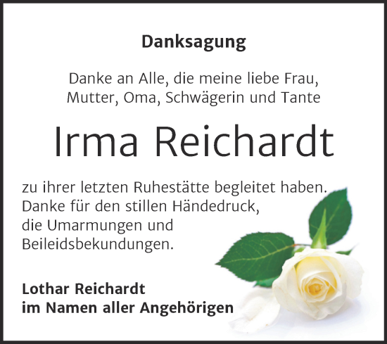 Traueranzeige von Irma Reichardt von Trauerkombi Zeitz