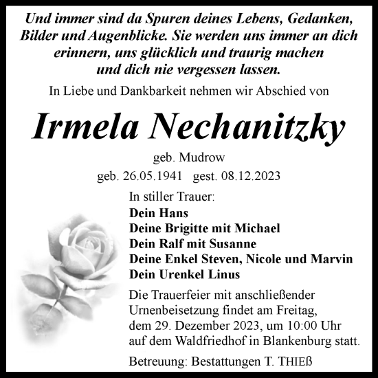 Traueranzeige von Irmela Nechanitzky von Volksstimme Wernigerode