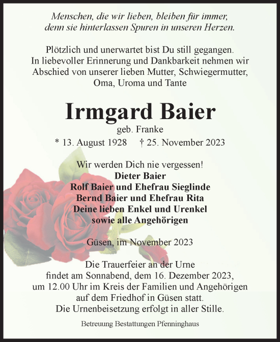 Traueranzeige von Irmgard Baier von Volksstimme Burg/Genthin