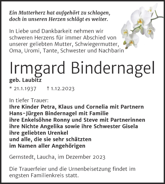 Traueranzeige von Irmgard Bindernagel von Naumburger Tageblatt