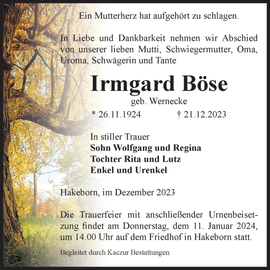 Traueranzeige von Irmgard Böse von Volksstimme Staßfurt