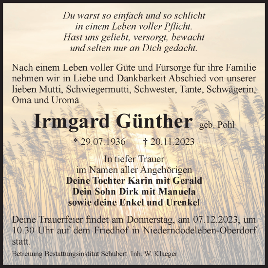 Traueranzeige von Irmgard Günther von Volksstimme Magdeburg