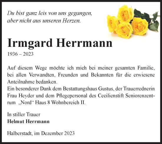 Traueranzeige von Irmgard Herrmann von Volksstimme Halberstadt