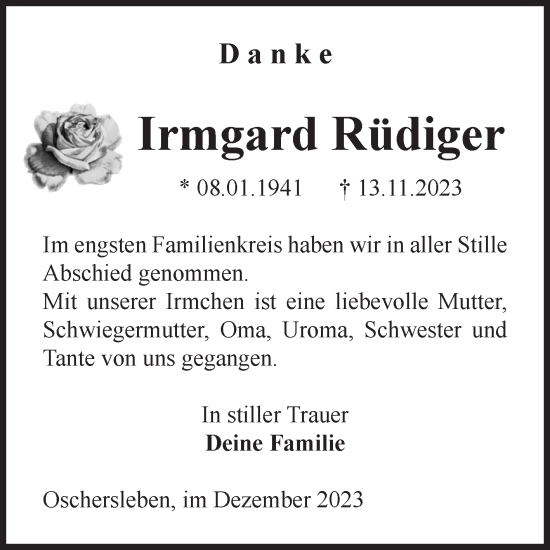 Traueranzeige von Irmgard Rüdiger von Volksstimme Oschersleben/Wanzleben