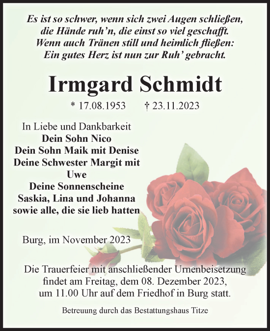 Traueranzeige von Irmgard Schmidt von Volksstimme Burg/Genthin