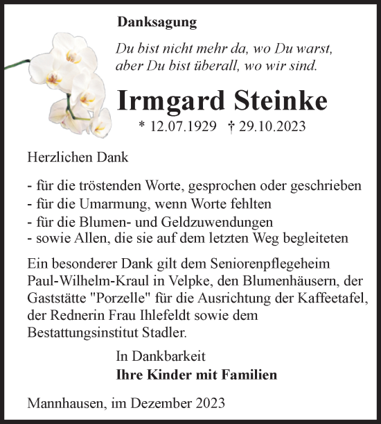 Traueranzeige von Irmgard Steinke von Volksstimme Haldensleben/Wolmirstedt