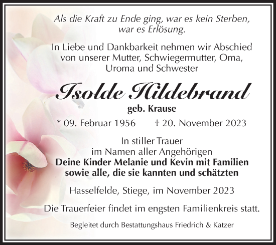 Traueranzeige von Isolde Hildebrand von Volksstimme Wernigerode