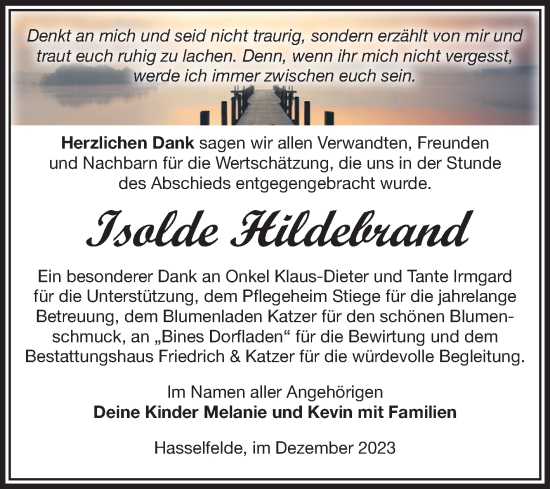 Traueranzeige von Isolde Hildebrand von Volksstimme Wernigerode