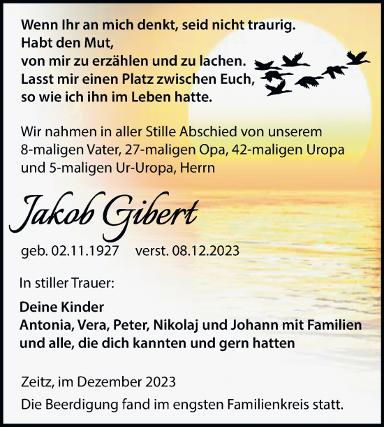 Traueranzeige von Jakob Gibert von Trauerkombi Zeitz