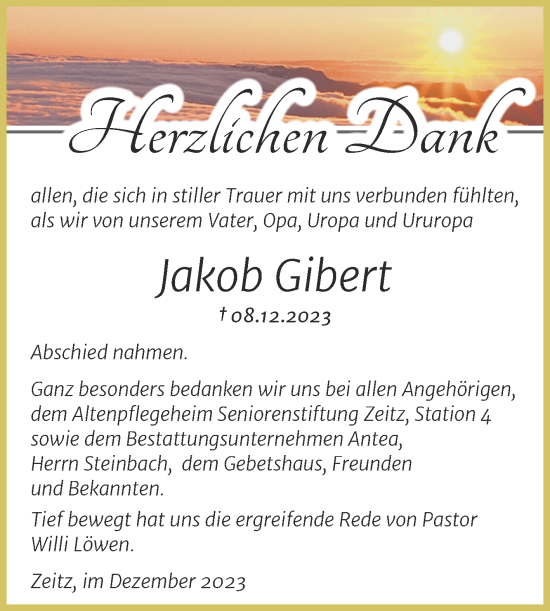 Traueranzeige von Jakob Gibert von Trauerkombi Zeitz