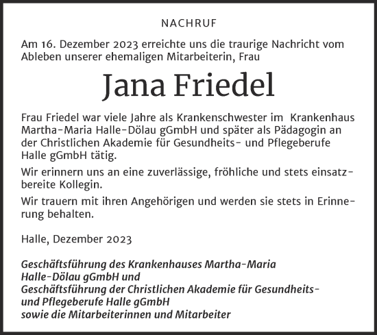 Traueranzeige von Jana Friedel von Mitteldeutsche Zeitung Halle/Saalkreis