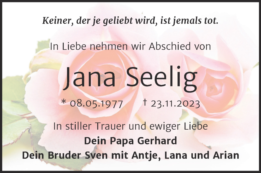  Traueranzeige für Jana Seelig vom 13.12.2023 aus Trauerkombi Bitterfeld