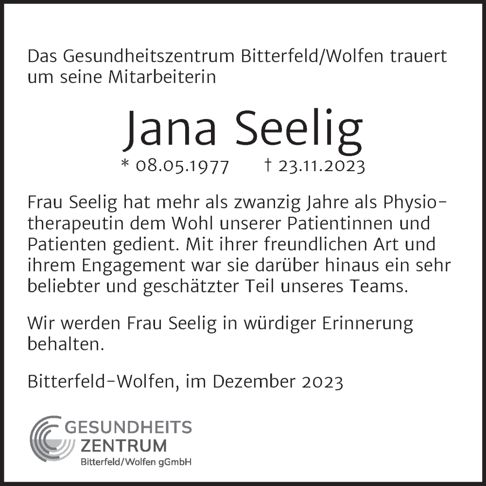  Traueranzeige für Jana Seelig vom 13.12.2023 aus Mitteldeutsche Zeitung Bitterfeld