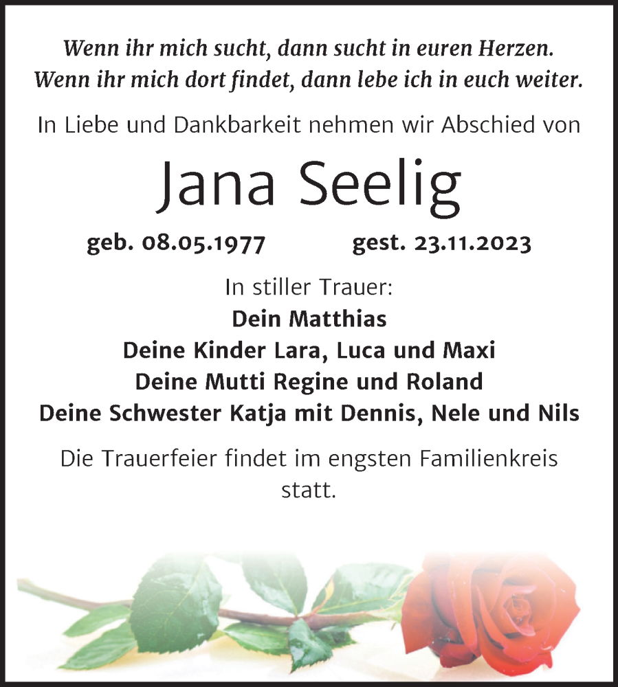  Traueranzeige für Jana Seelig vom 06.12.2023 aus Trauerkombi Bitterfeld