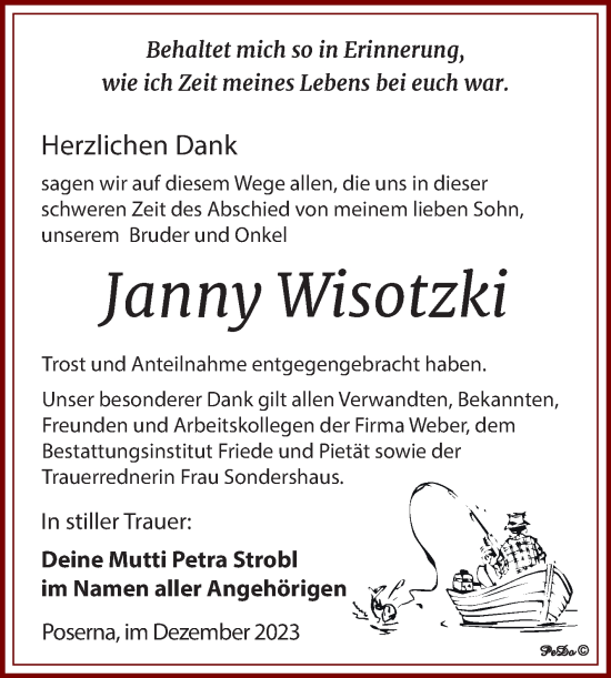 Traueranzeige von Janny Wisotzki von Trauerkombi Weißenfels