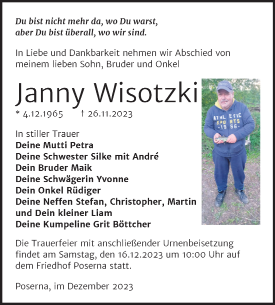 Traueranzeige von Janny Wisotzki von Trauerkombi Weißenfels